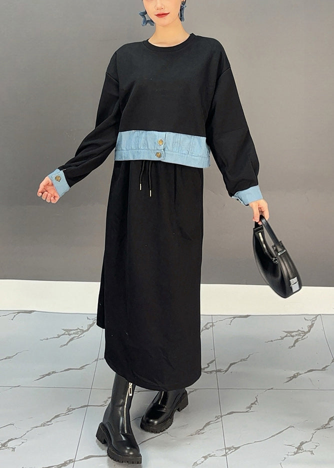 Black O-neck Denim Patchwork Pockets Maxi Dresses Spring