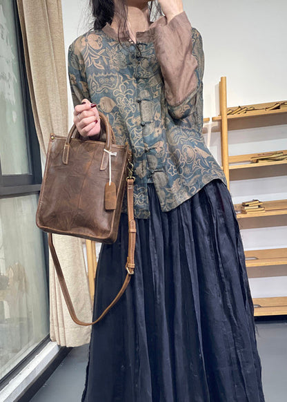 Blue Stand Collar Print Chinese Button Ramie Linen Top Long Sleeve