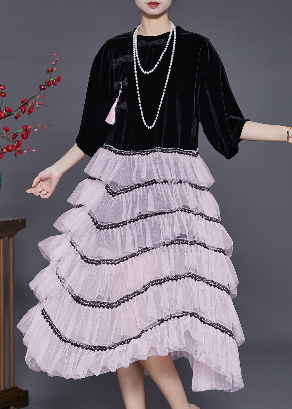 Black Tasseled Patchwork Chinese Button Tulle Dress Summer