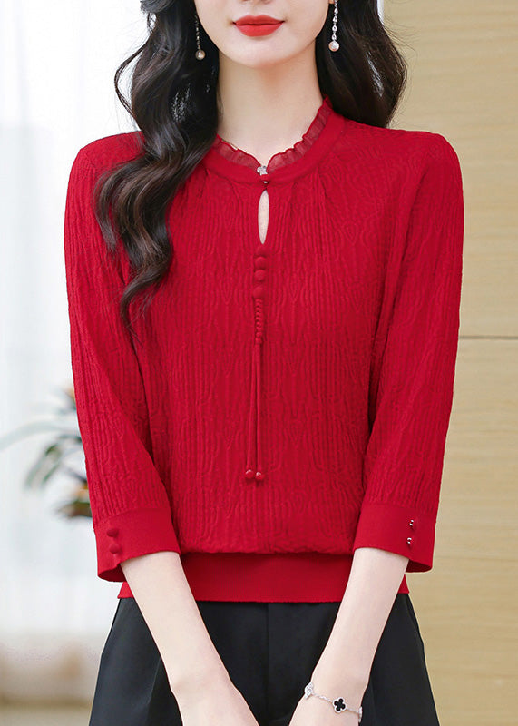 Simple Green O-neck Button Knit T Shirt Bracelet Sleeve