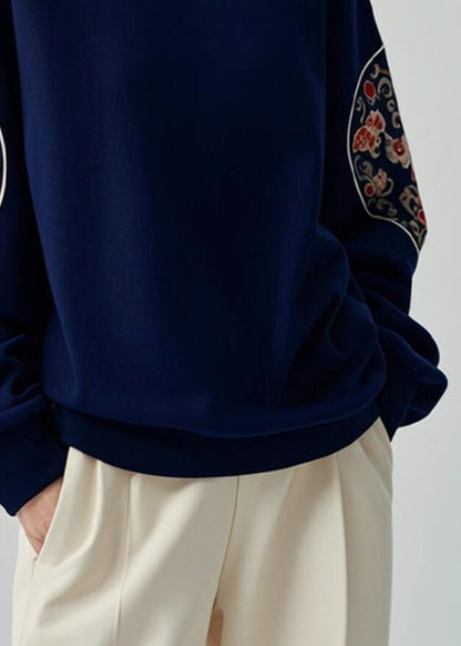 Navy O Neck Print Cotton Pullover Sweatshirts Fall