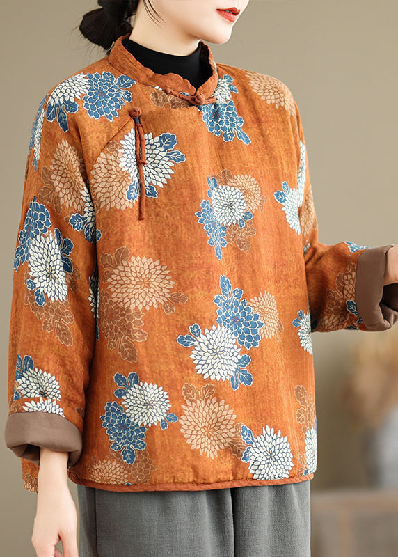 Orange Stand Collar Print Fine Cotton Filled Top Spring