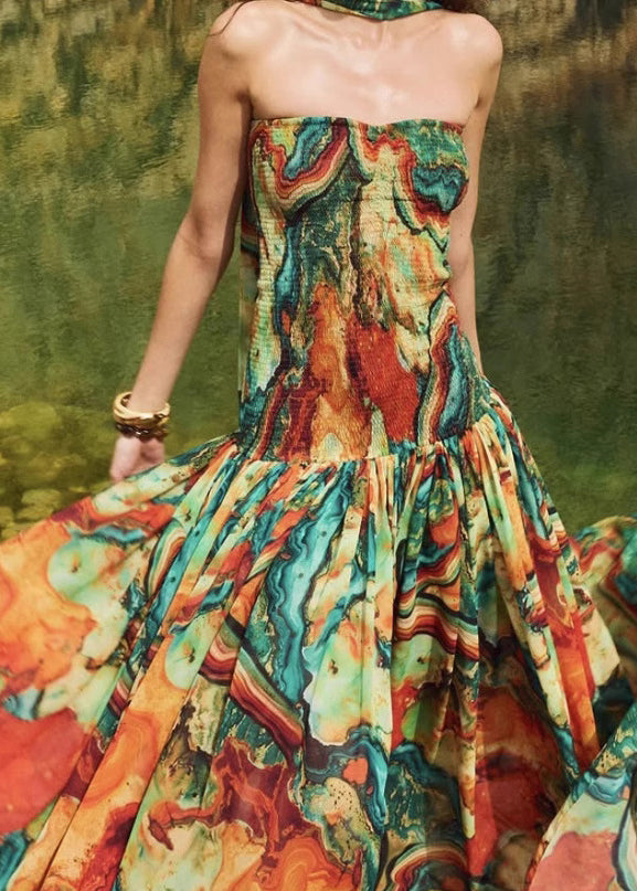 New Print Wrinkled Strapless Long Dresses