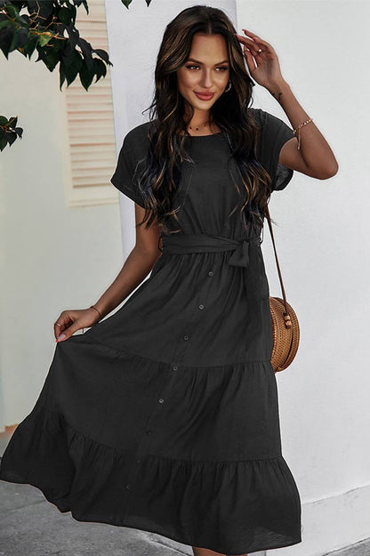 Simple Color Cotton Short Sleeve A-line Dress