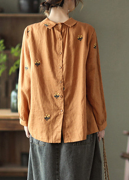 Orange Peter Pan Collar Embroidered Linen Shirt Long Sleeve