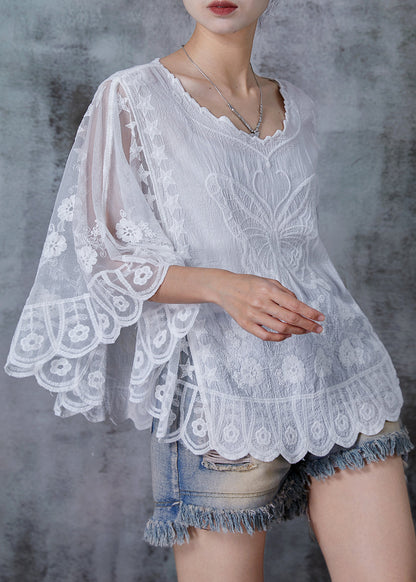 White Embroidered Butterfly Cotton Blouses Summer