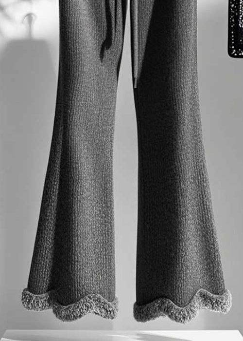 Grey Cozy Elastic Waist Knit Flared Trousers Fall