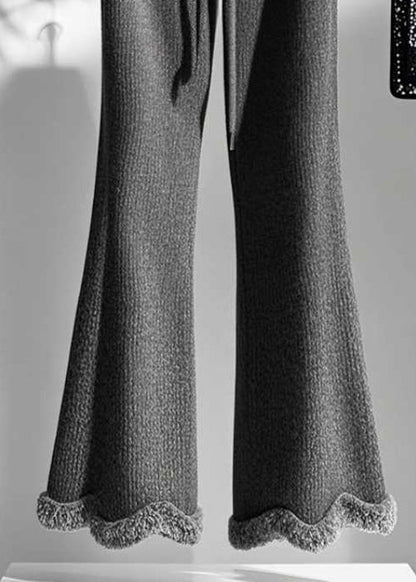 Grey Cozy Elastic Waist Knit Flared Trousers Fall