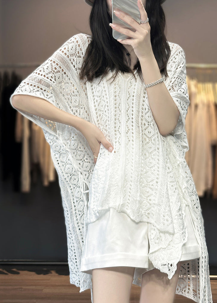 White V Neck Hollow Out Knit T Shirts Summer