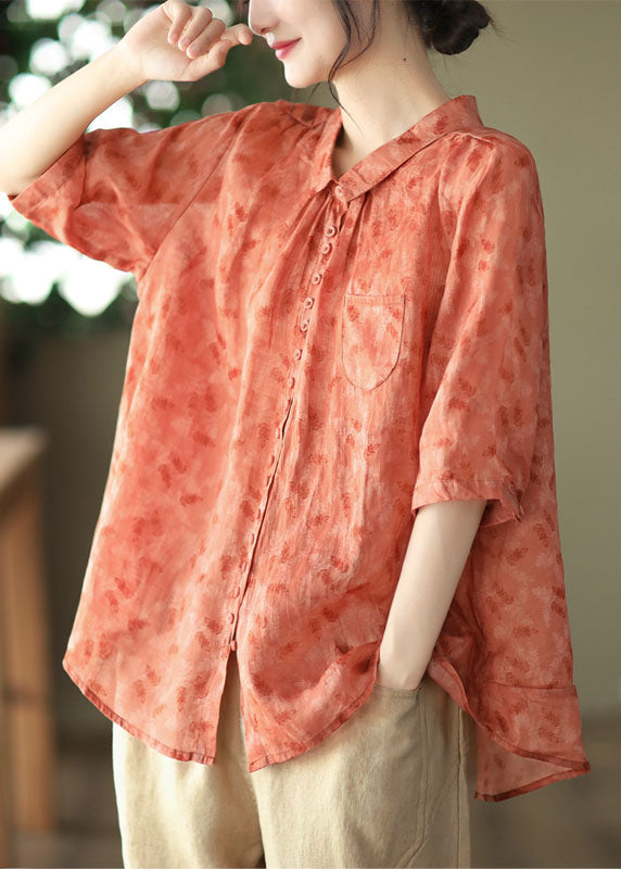 Yellow Peter Pan Collar Print Linen Shirt Tops Summer