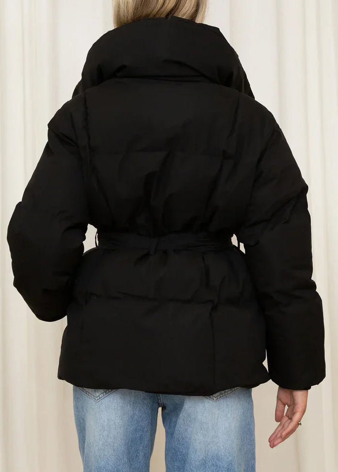 French Black Pockets Lace Up Fine Cotton Filled Jacket Winter