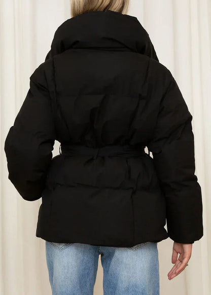 French Black Pockets Lace Up Fine Cotton Filled Jacket Winter