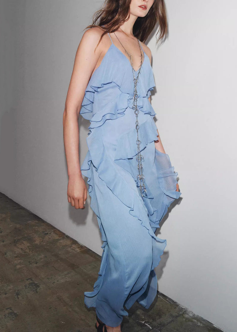 Blue V Neck Ruffled Chiffon Spaghetti Strap Dress Sleeveless