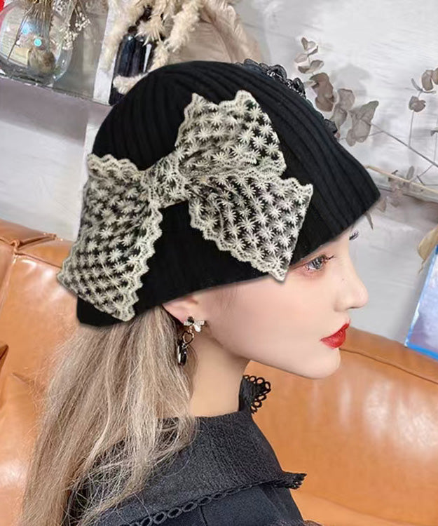 New Sweet Beige Lace Bow Knitted Bucket Hat