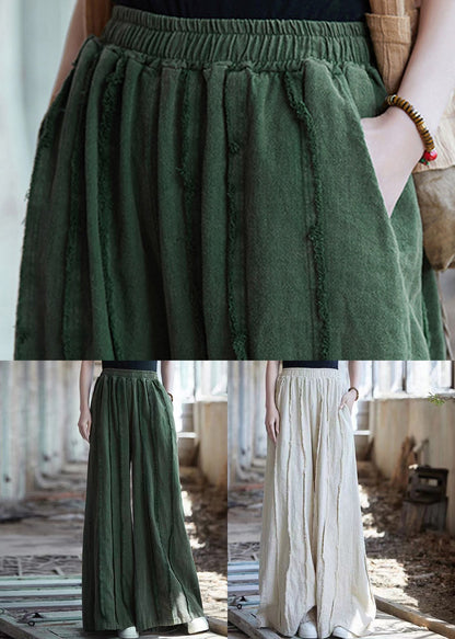 Green Pockets Elastic Waist Linen Pants Summer