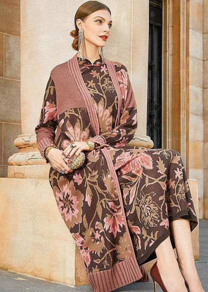 French Khaki Print Original Design Oriental Knit Outer Cape Set Winter
