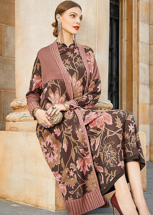 French Khaki Print Original Design Oriental Knit Outer Cape Set Winter