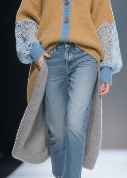 Brown Low High Design Patchwork Lace Knit Cardigans Winter