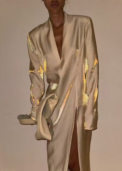 Classy Beige V Neck Side Open Silk Long Dress Spring