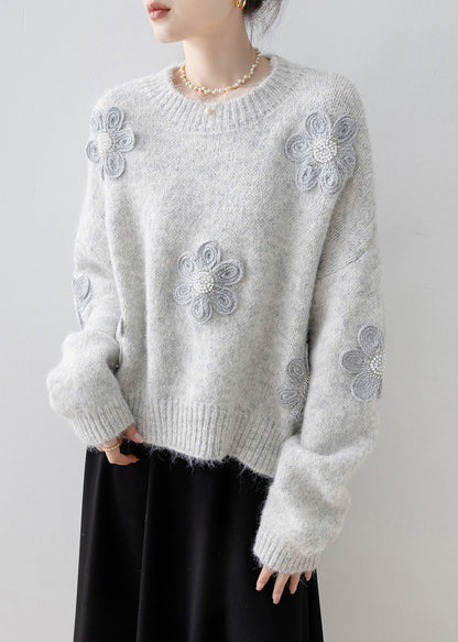 Boutique Grey O Neck Nail Bead Knit Sweater Tops Spring
