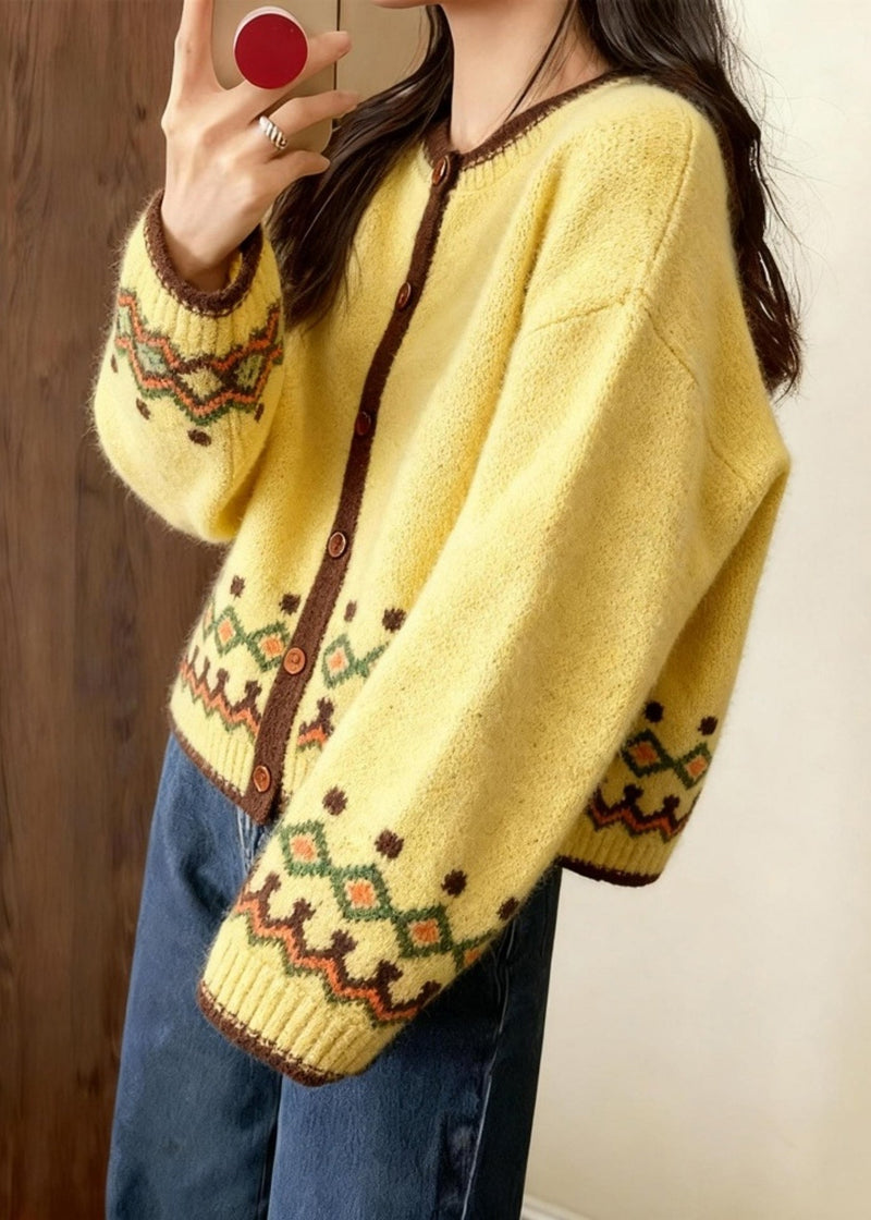 Yellow Embroidered Chunky Knit Cardigans Winter