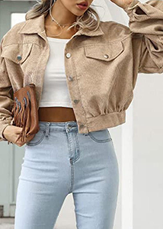 Light Camel Peter Pan Collar Corduroy Short Coat Fall