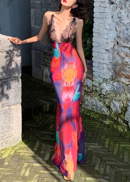 Red Lace Patchwork Long Spaghetti Strap Dress Summer