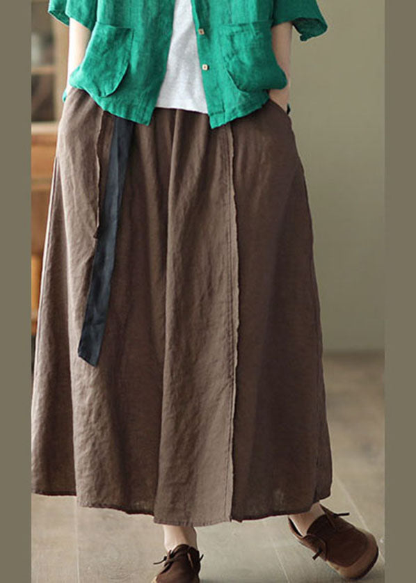 Chocolate Linen a Line Skirt Side Open Pockets Summer