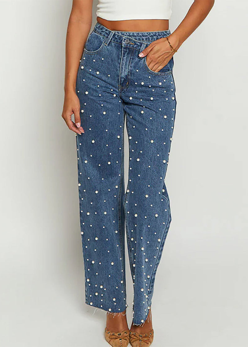 Original Design Blue Pockets Nail Bead Denim Pants Spring