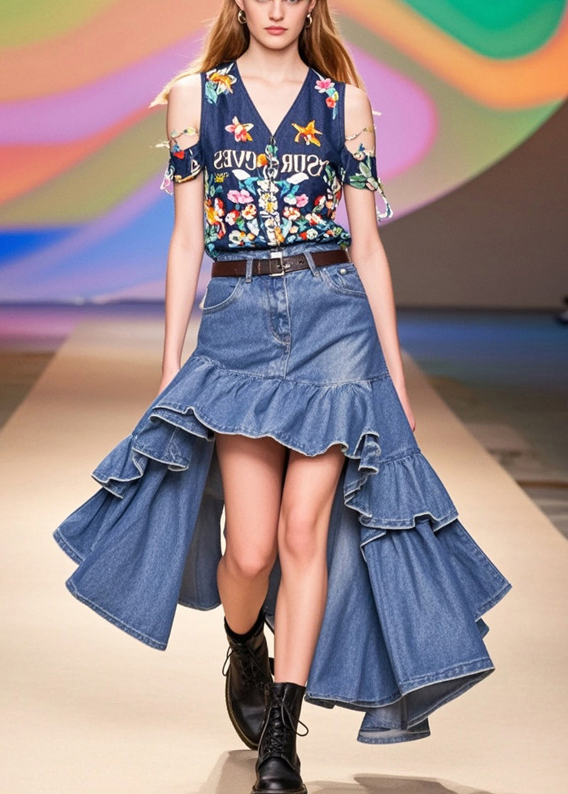 Blue Ruffles Low High Design Denim Holiday Skirts Spring