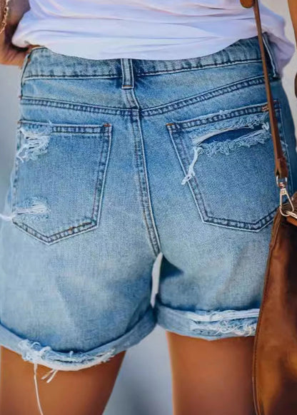 Stylish Blue Pockets Denim Ripped Shorts Summer
