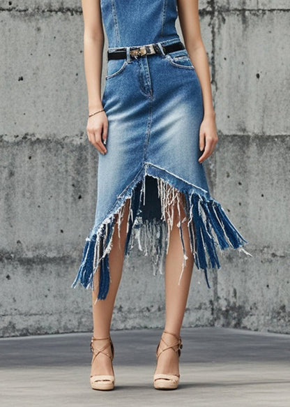 Blue Asymmetrical Tasseled Denim Skirts Summer