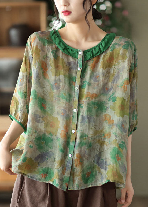 Simple Reddish Black O Neck Patchwork Print Linen Shirt Tops Half Sleeve