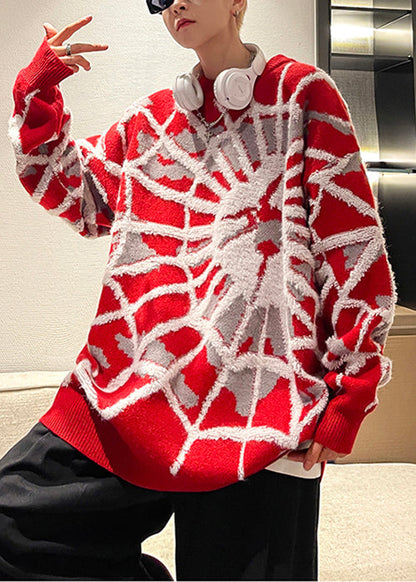 Jacquard Red O Neck Spider Cozy Cotton Knit Sweater Winter