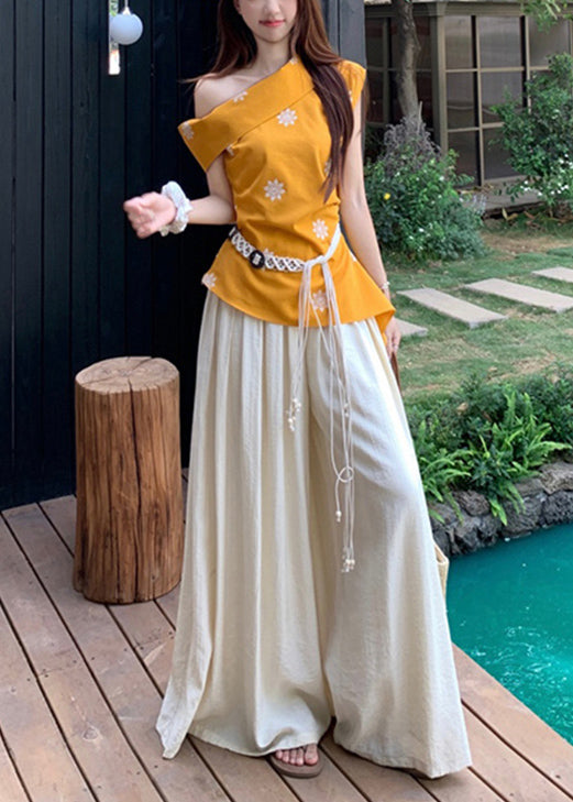 New Yellow Cold Shoulder Print Tops and Beige Wide Leg Pants Cotton Two Pieces Set Summer