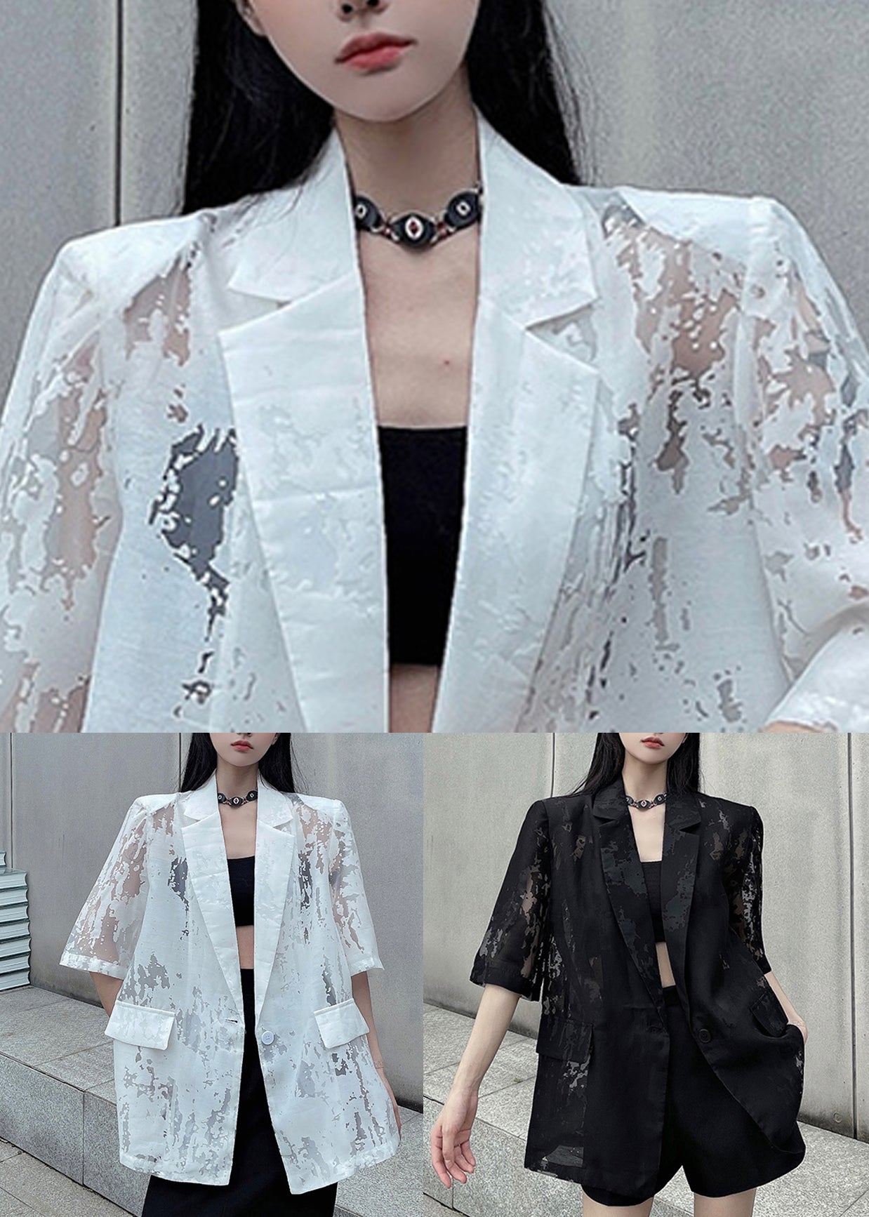 White Hollow Out Button Cotton Coat Notched Half Sleeve