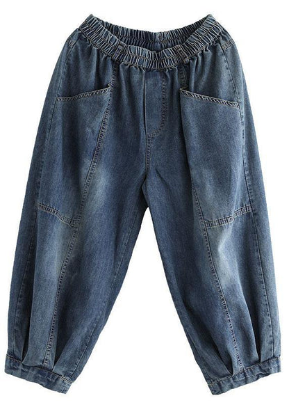 Italian Blue Pockets Elastic Waist Harem Pants Denim