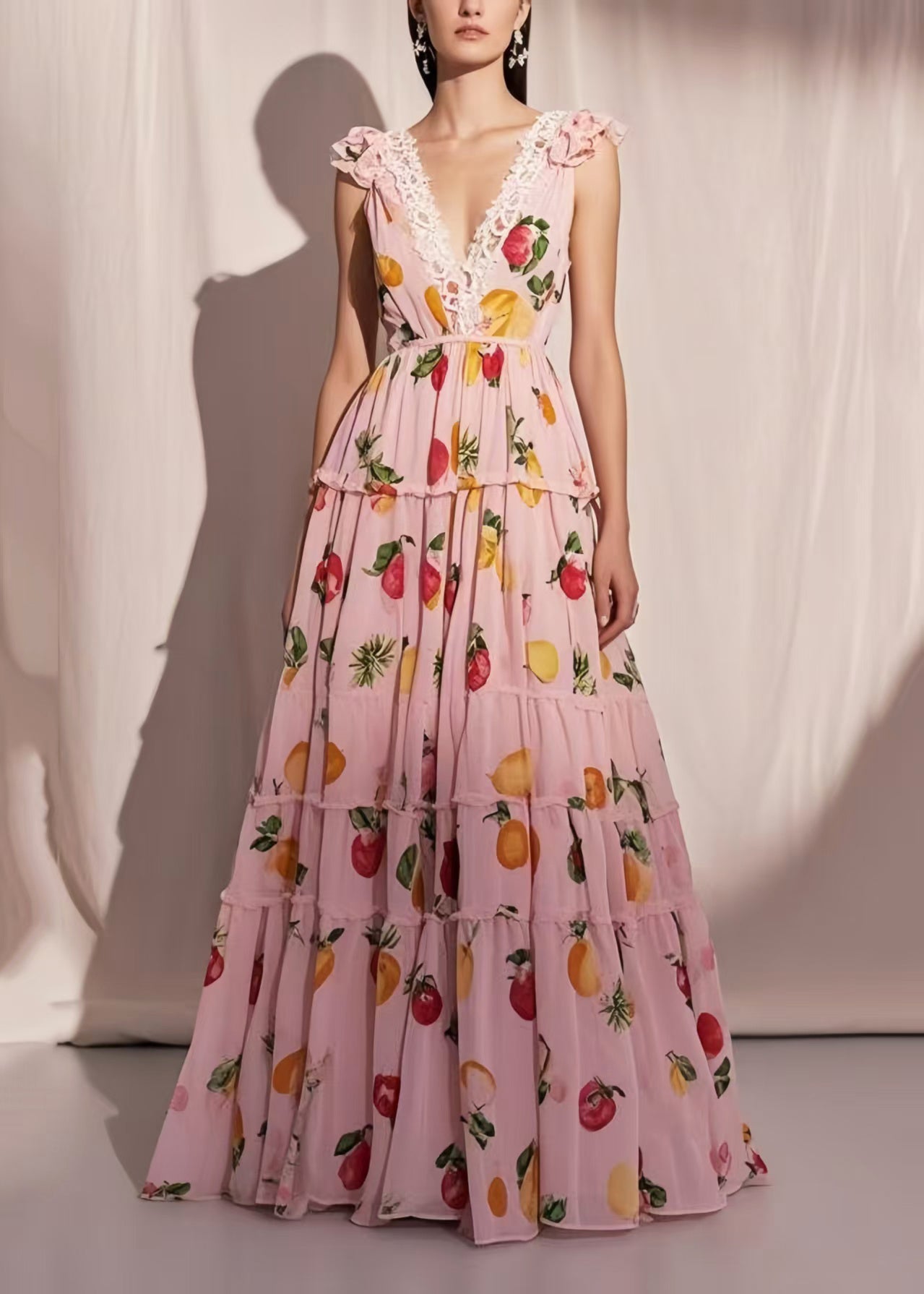 Organic Pink Fruit Print Exra Large Hem Chiffon Maxi Dresses Summer