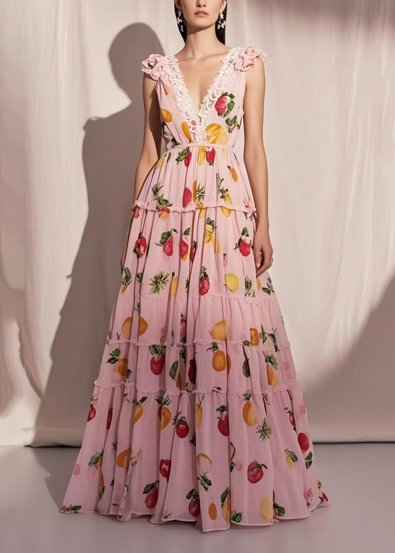 Organic Pink Fruit Print Exra Large Hem Chiffon Maxi Dresses Summer