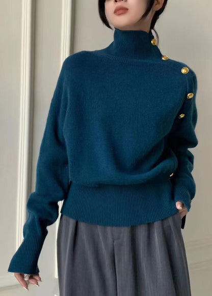 Italian Navy High Neck Golden Button Knit Sweater Winter
