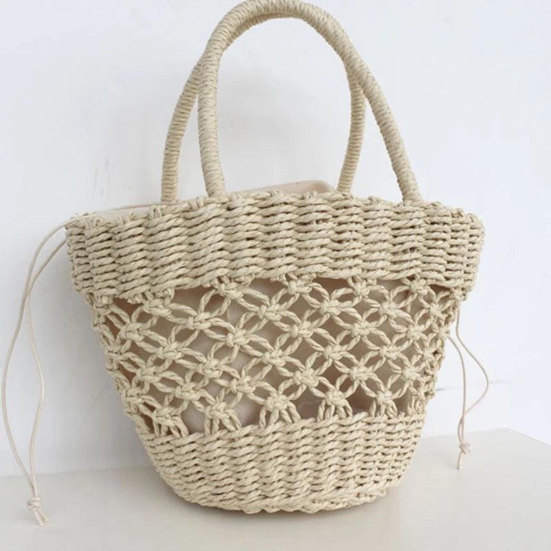 Summer New Hot Basket Woven Straw Braided With Top Handle Handbags Shopping Party Bucket Clutch