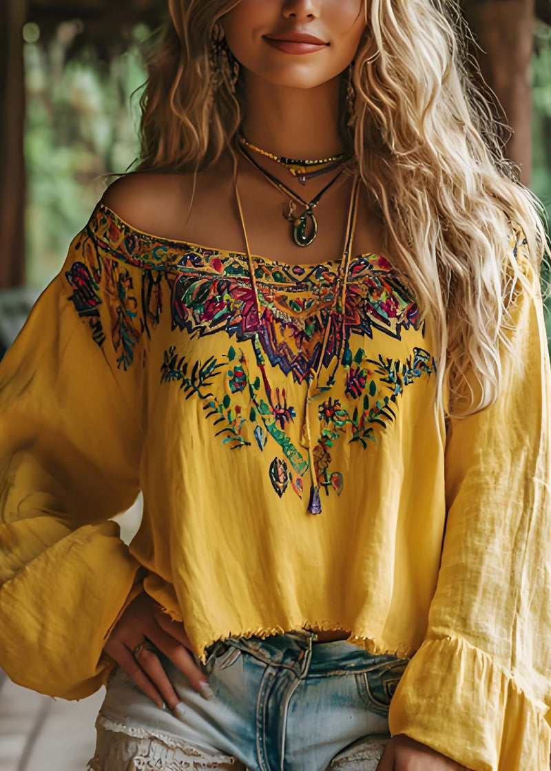 Yellow Slash Neck Print Cotton Shirts Spring