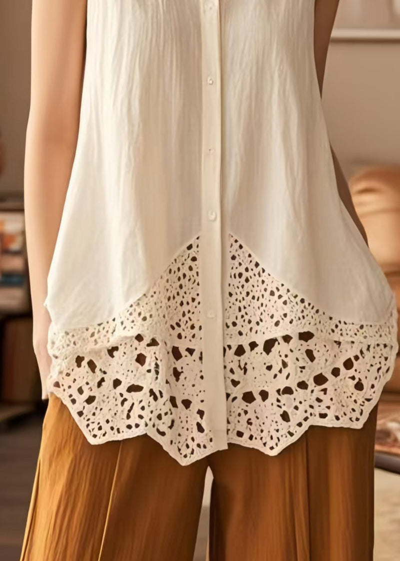 White Peter Pan Collar Patchwork Cotton Blouses Sleeveless