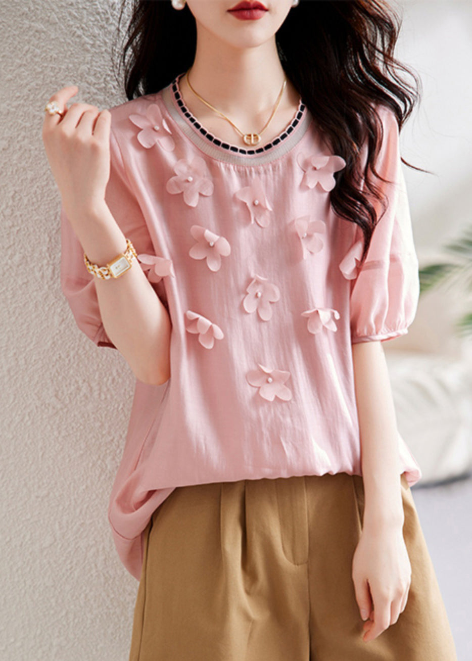 Pink Knit Patchwork Chiffon Shirt Summer
