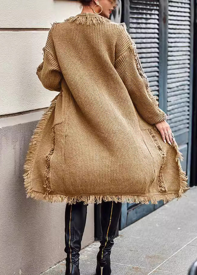 Grey Pockets Tassel Long Knit Cardigan Spring