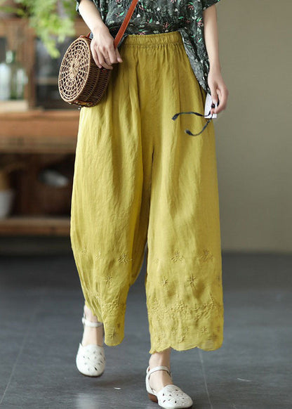 Yellow Elastic Waist Embroidered Linen Crop Pants Summer