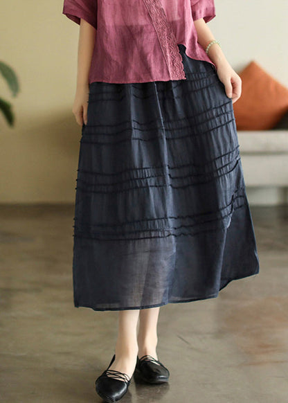 Dark Blue Patchwork Elastic Waist Ramie a Line Skirts