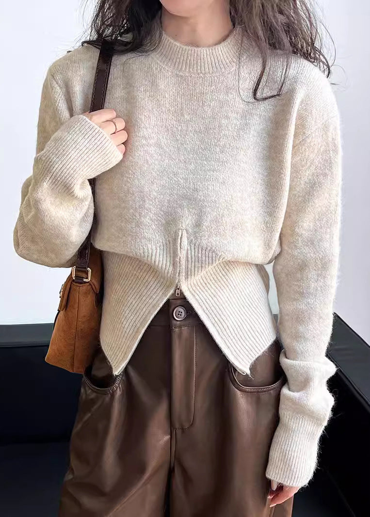 Grey Zip Up Front Open Knit Short Sweater Spring