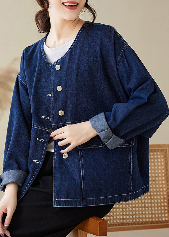 Blue O Neck Button Denim Coats Spring