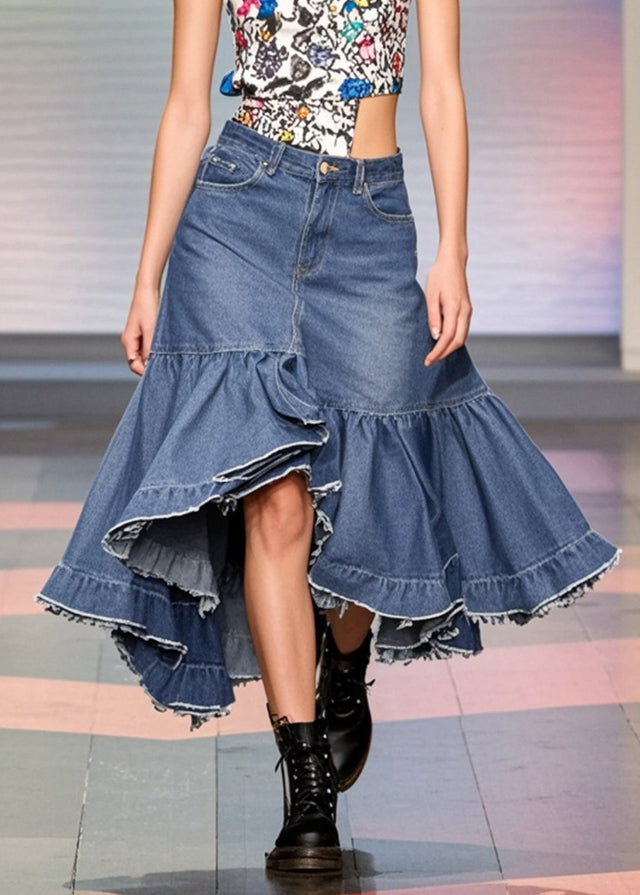 Blue Ruffled Patchwork Side Open Denim Skirts Spring